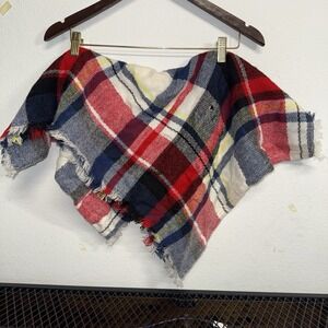 Plaid Infinity Scarf Red Blue White Fringe Oversized Acrylic Cozy Fall Winter